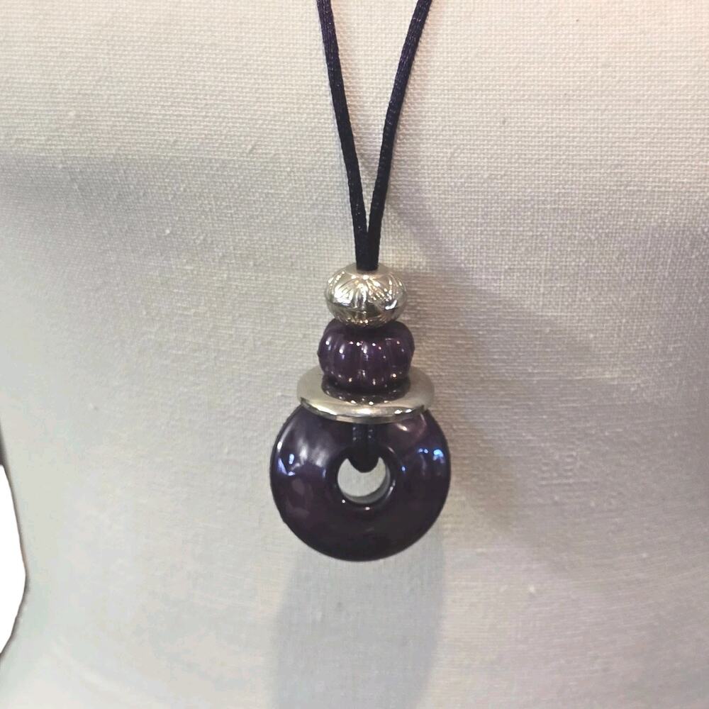 Acrylic Donut Shaped Pendant Necklace Glossy Dark Purple Cord Over the Head 32"